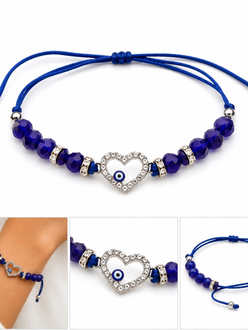 🧿Blue Heart Evil Eye Cord Bracelet with Crystal Accents #7